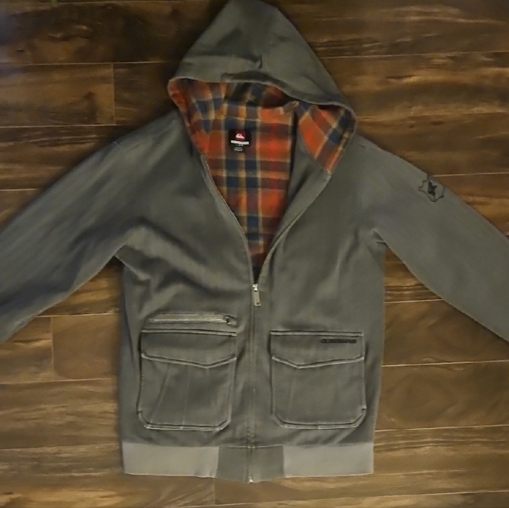 Quiksilver Men's Charcoal Jacket with Red Plaid Lining